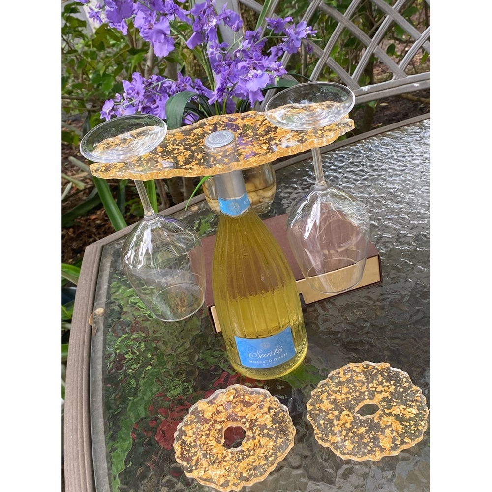Gold Flake Wine Caddy & Coaster Set Resin Art - Picture 16 of 16
